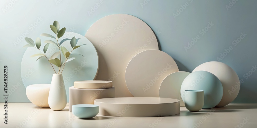 Aufkleber minimalistic composition of cylinders and spheres with a single sprig of green foliage in a white va