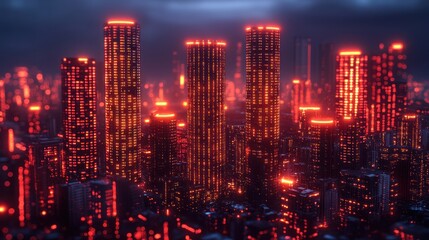 Futuristic city skyline at night with glowing red buildings.