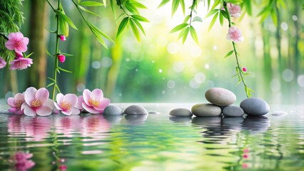 Serene Garden Oasis Stones Resting on Calm Water with Delicate Pink Flowers and Lush Greenery