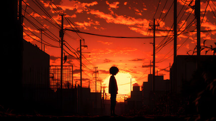 Fototapeta premium Sunset Silhouette: A Solitary Figure in an Urban Landscape