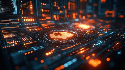 Futuristic digital interface with glowing map.