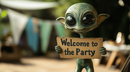 Friendly alien welcoming guests to a festive gathering