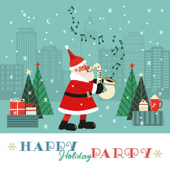 Fancy winter Holiday hand drawn vector poster. Santa playing Christmas melody on sax cartoon design element, retro color minimal style. Winter New Year holidays season event background illustration