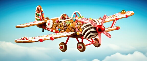 Naklejka premium Vintage toy airplane, colorful metal construction, propeller-driven, retro design, whimsical, vibrant red and yellow paint, intricate details, nostalgic childhood toy, clear blue sky background, minia