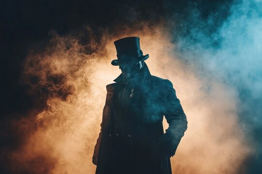 Mysterious Figure in Top Hat and Cloak Surrounded by Colorful Smoke, Evoking a Sense of Intrigue and Vintage Elegance in a Dramatic Lighting Atmosphere