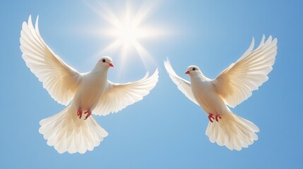 Obraz premium Two white doves in flight against a bright sun.