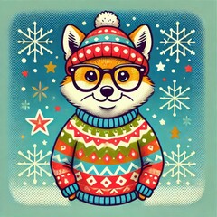 An adorable fox dressed in a vibrant knitted sweater and quirky glasses stands joyfully against a backdrop of snowflakes and colorful stars, embodying the spirit of winter