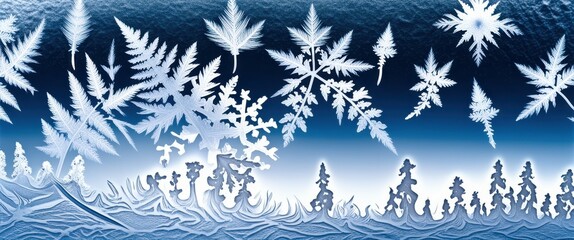 Winter landscape, frosted window, intricate ice crystals, fern-like patterns, delicate frost formation, blue and white color scheme, macro photography, ethereal atmosphere, nature's artistry, seasonal