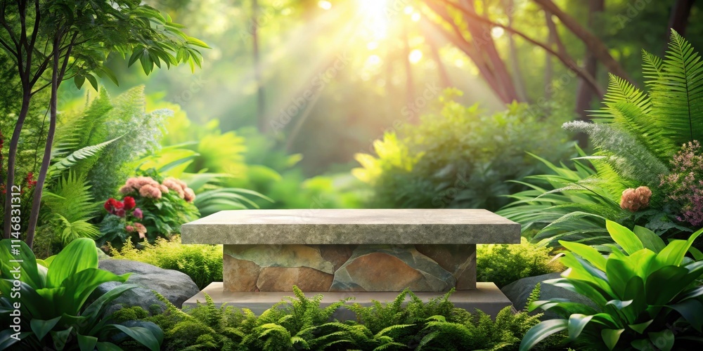 Poster stone platform set amidst lush greenery with sunbeams filtering through the leaves