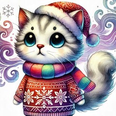 Obraz premium A charming kitty wearing a vibrant sweater and a Santa hat stands against a backdrop of swirling snowflakes, embodying the joy of the winter season