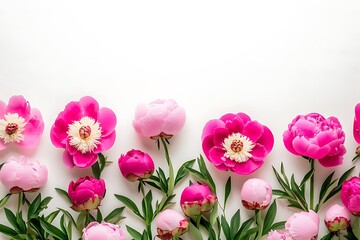 Pink peony flowers arranged in flat lay style, white background, top view, spring floral border.