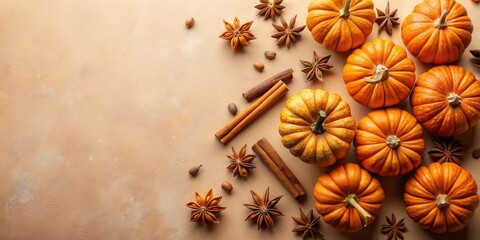 A Festive Arrangement of Miniature Pumpkins, Star Anise, and Cinnamon Sticks on a Brown Background