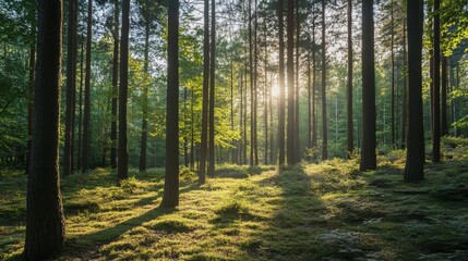 Naklejka premium Sunlit Forest Path: A Serene Nature Escape
