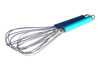 On a white background lies a hand-held iron whisk for kneading dough.