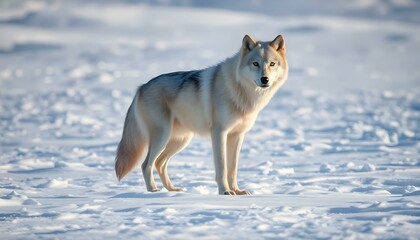 Fototapeta premium Tundra Wolf in snowy wilderness, blending seamlessly into its serene natural habitat.