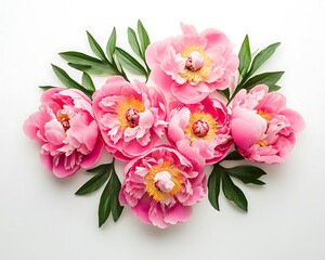 Pink peony flowers arranged flat lay, white background, top view, space for product.
