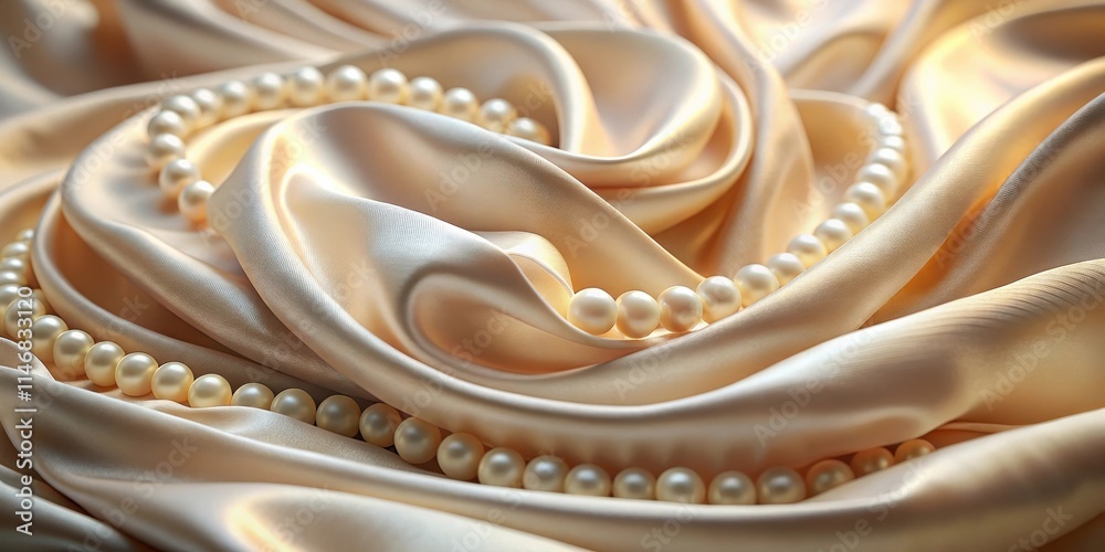Poster a string of pearls lies delicately atop a luxurious satin fabric, creating a soft and elegant visual