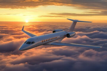 Luxurious Private Jet Flying Above Clouds at Sunset with Vibrant Colors of the Sky and a Stunning View of the Sun on the Horizon, Ideal for Travel and Aviation Themes