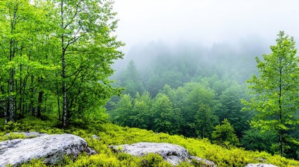 Obraz premium Misty mountain forest landscape with lush green trees and rocky foreground.