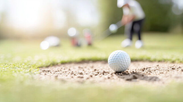 Golf ball in motion on lush green course during sunny day, action concept
