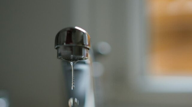 Robinet d'&eacute;vier qui fuit goutte par goutte, en gros plan, au ralenti.