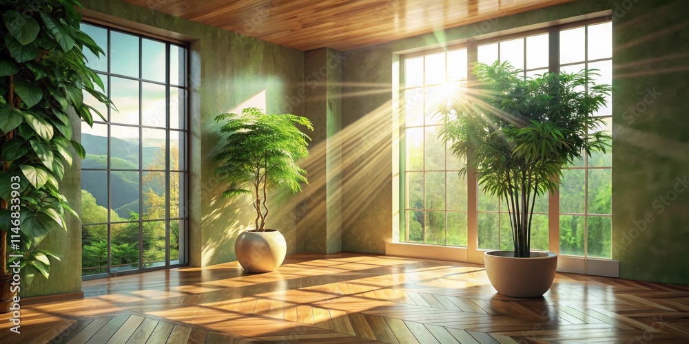 Poster sunlight streams through large windows in a room with wooden floors and potted plants, casting long 
