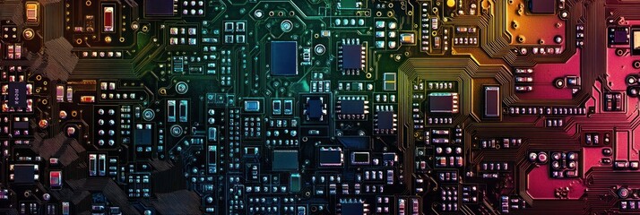 Close-up of a vibrant, multicolored circuit board showcasing intricate electronic components and pathways.