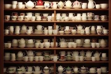 Coffee shop shelf with coffee cups and saucers.