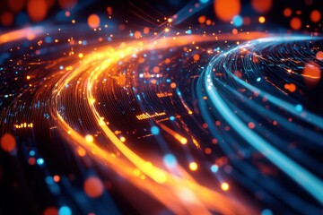 Obraz premium Dynamic Flow of Colorful Light Trails Creating a Vibrant Abstract Background with Bright Particles and Glowing Curves in a Dark Setting