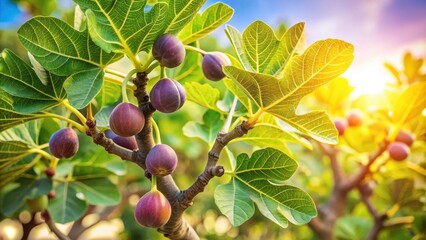 A close-up view of a fig tree branch, showcasing the vibrant green leaves and plump, ripe figs bathed in the warm glow of the sun.