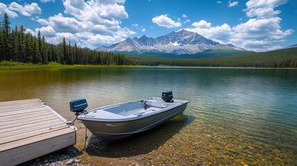 Obraz premium Calm mountain lake with small motorboat at wooden dock.