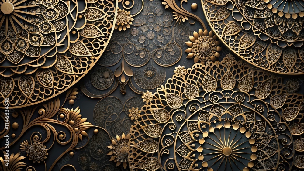 Poster intricate gold filigree pattern with delicate floral motifs and geometric shapes on a dark backgroun