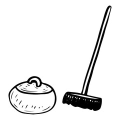 Curling equipment hand drawn doodle. Sports special items. Ice rubbing. Stone throw. Winter team games tool. Olympics. Vector line art illustration.