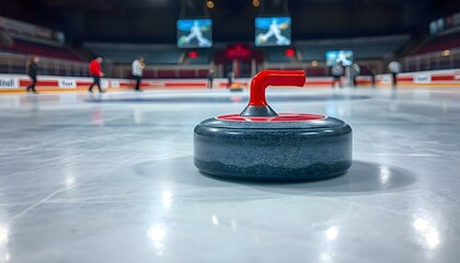 Close-up of a gleaming curling stone on smooth ice, emphasizing precision and elegance