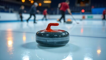 Close-up of a gleaming curling stone on smooth ice, emphasizing precision and elegance