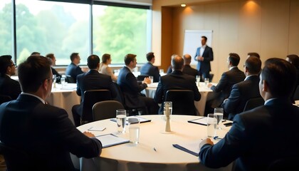 Business professionals in a conference room focused on a speaker, fostering collaboration.