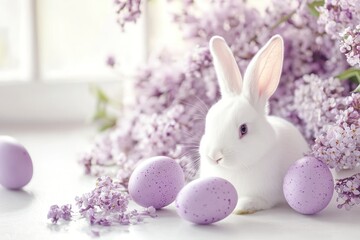 Fototapeta premium Cute white rabbit with lavender flowers and pastel purple Easter eggs, perfect for springtime celebrations, holiday decorations, and seasonal greetings.