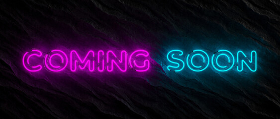 Coming soon neon sign on dark rock background