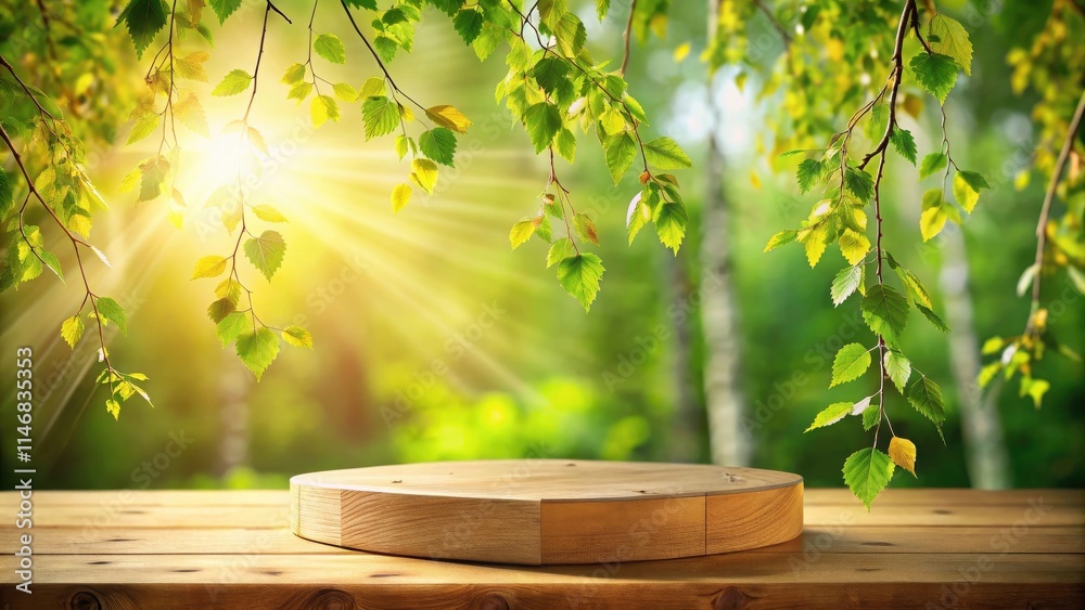 Poster a circular wooden table with a wooden round platform, set in front of a blurred background of green 