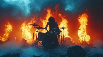 Drummer silhouetted against fiery backdrop.