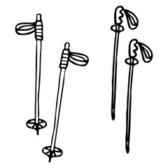 Set of ski sticks hand drawn doodle. Sports equipment. Long poles for walking on snow. Ski resort. Winter games tool. Vacation. Holiday rest. Vector line art illustration.