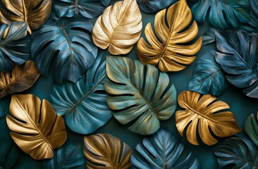 Tropical leaves in vibrant colors arranged artistically for a decorative background