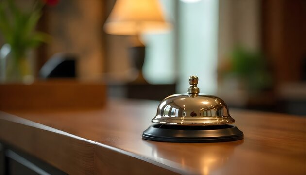 Elegant hotel reception bell on wooden counter, symbolizing hospitality and service.