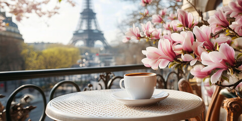 Cup of fresh hot coffee on a table of outdoor cafe with beautiful Parisian setting with pink...