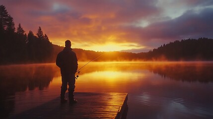 A solitary fisherman stands on a dock at sunrise, casting a line into the lake.