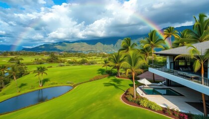 Stunning view of the farmhouse overlooking a golf course and mountains with a rainbow, lush green grass, palm trees, a pool and pond, modern architecture