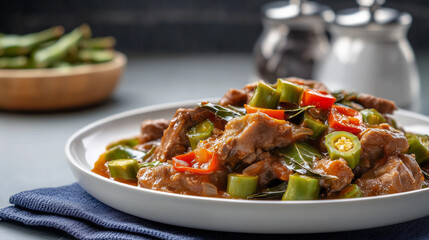 Goat curry with okra and bay leaves
