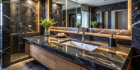 Fototapeta premium Modern Bathroom Vanity with Sleek Black Marble and Warm Wood Accents