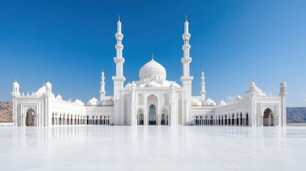 Fototapeta premium Grand white mosque under a clear blue sky.