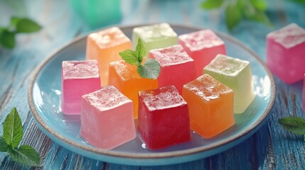 Colorful Turkish delight cubes on a plate.